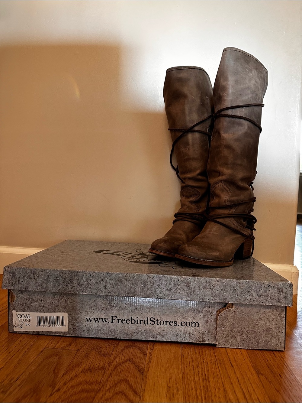 Freebird by Steven Coal Over-The-Knee Wrap Lace Leather Boots in Stone